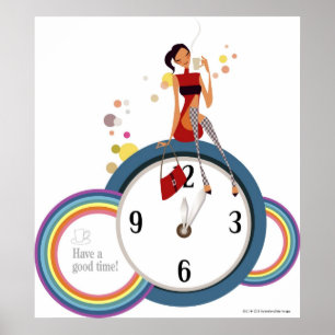 Affiches Femme s'asseyant sur une horloge et tenant une