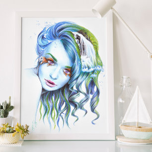 Affiches Femme sirène de l'eau Portrait d'art fantastique s