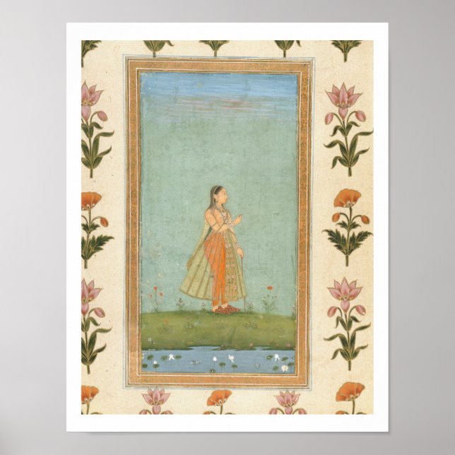 Affiches Femme tenant une fleur, debout près d'un étang de  (Devant)