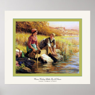 Affiches Femmes Laver Les Vêtements Par Un Ruisseau