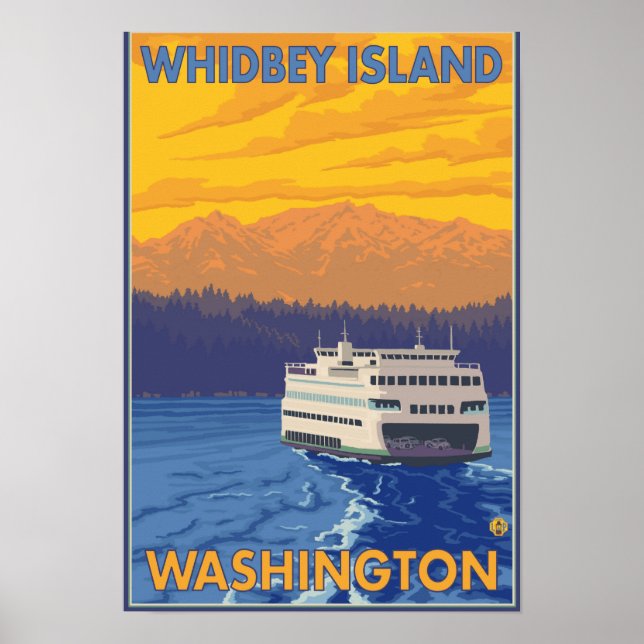 Affiches Ferry and Mountains - Whidbey Island, Washington (Devant)