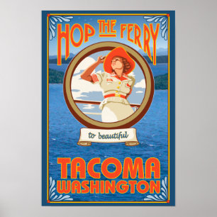 Affiches Ferry d'équitation de femme - Tacoma, Washington