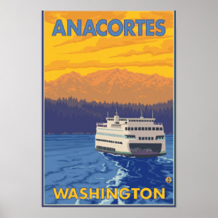 Affiches Ferry et montagnes - Anacortes, Washington