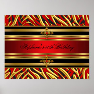 Affiches Fête d'anniversaire 50 ans Zèbre Rouge Or Noir