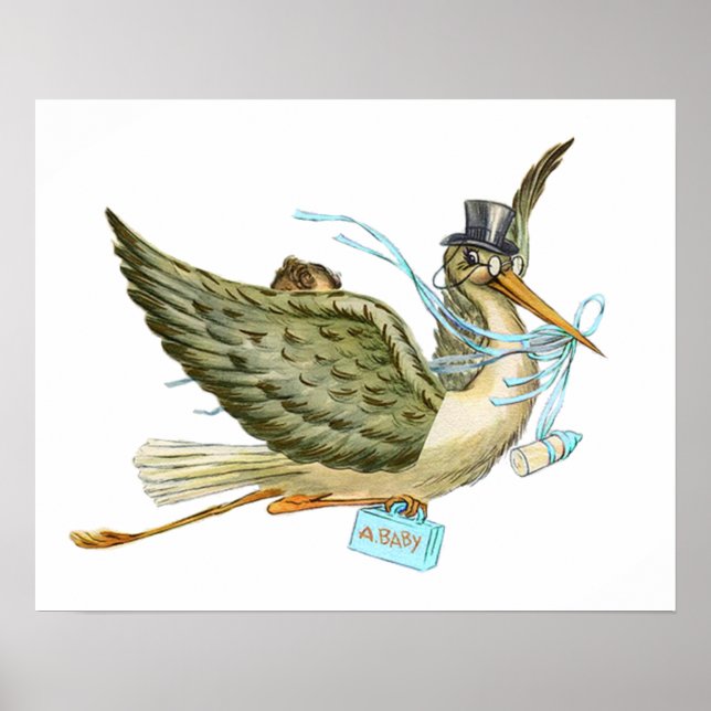 AFFICHES FETE DE NAISSANCE DE BÉBÉ GARÇON CIGOGNE (Devant)