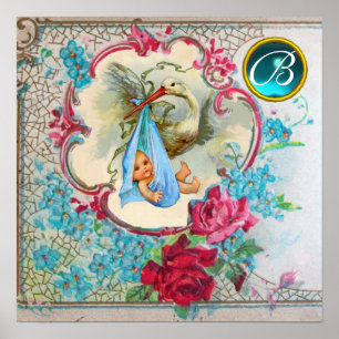 Affiches FÊTE DE NAISSANCE DE BÉBÉ GARÇON STORK Monogramme