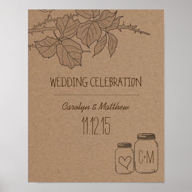 Affiches Feuille rustique | Mason Jar | Mariage cardiaque (Devant)