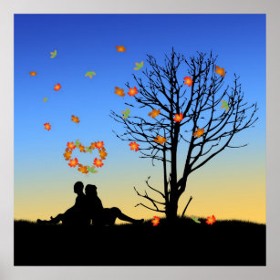 Affiches Feuilles d'automne en forme de coeur Couple