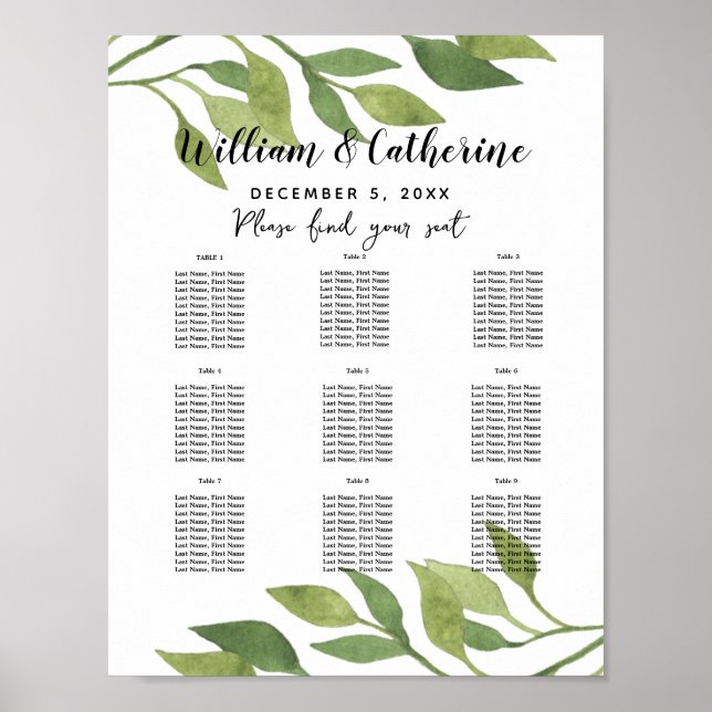 Affiches Feuilles de feuillage Plan de table fête/mariage (Devant)