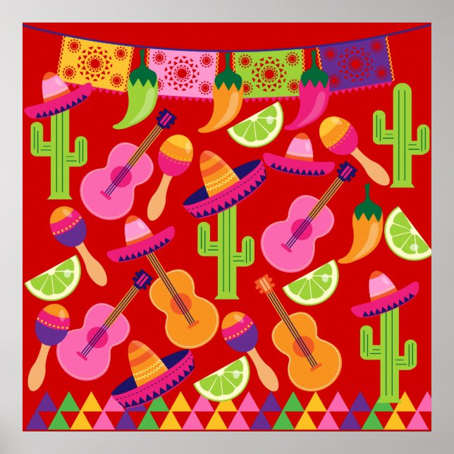 Affiches Fiesta Party Sombrero Limes Guitare Maraca Saguaro (Devant)