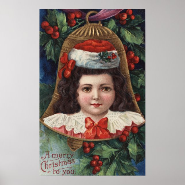 Affiches Fille à Santa Hat dans Bell (Devant)