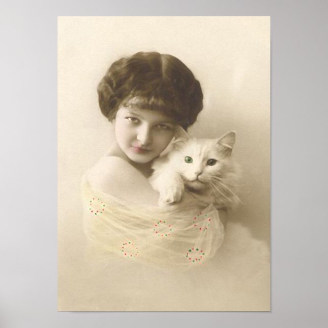 Affiches Fille Avec Chat Art Vintage (Devant)