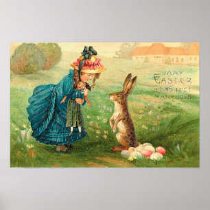 Affiches Fille avec poupée et lapin Pâques Vintages