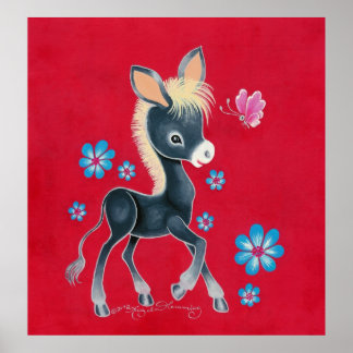 Affiches Fille Bébé Âne Avec Fleurs