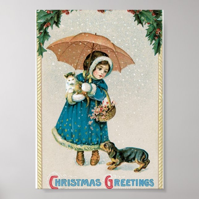 Affiches Fille dans la neige à Noël avec chat et chien (Devant)