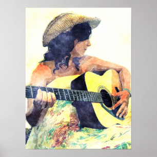 Affiches Fille de pays avec la couleur d'eau de guitare