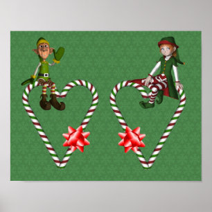 Affiches Fille Garçon Elfe Canne en Bonbon Cœurs Noël Fêtes