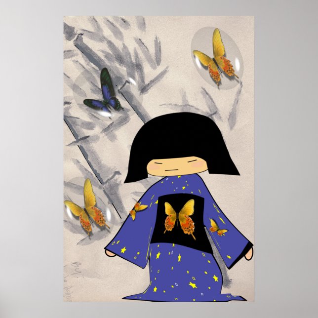 Affiches Fille japonaise avec bulles de papillon (Devant)