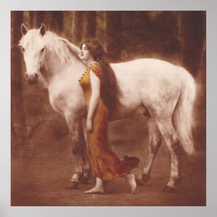 Affiches Fille romantique victorienne avec le cheval blanc