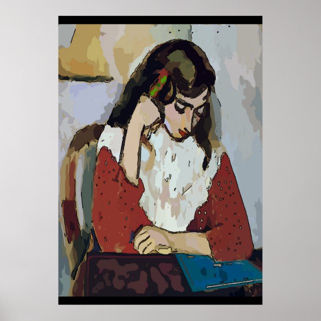 Affiches Fille sur tablette Style Matisse Abstrait (Devant)