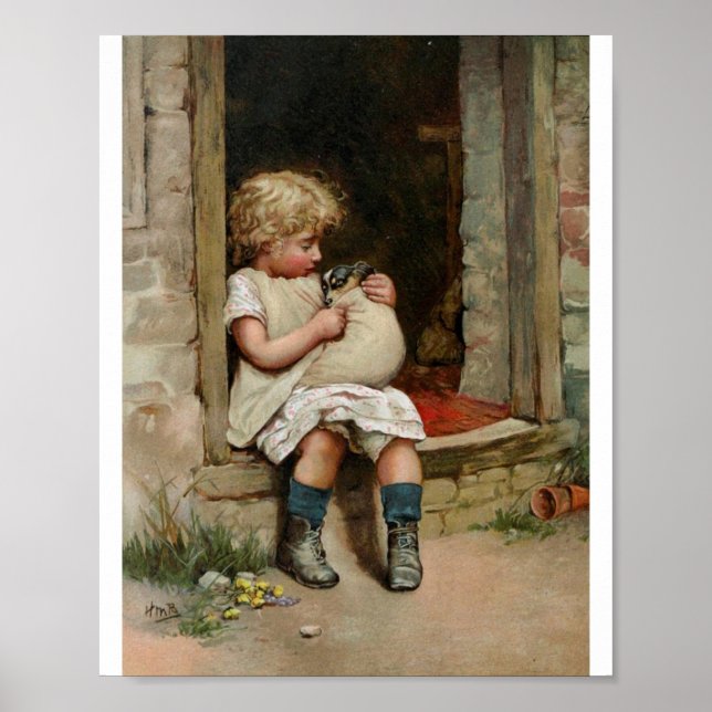 Affiches Fille tenant mignonne chiot Vintage (Devant)