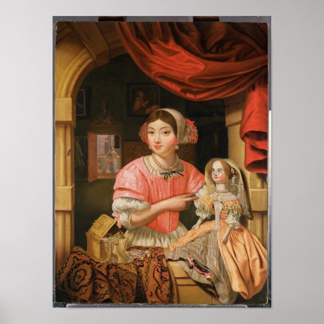 Affiches Fille tenant une poupée dans un intérieur (Devant)