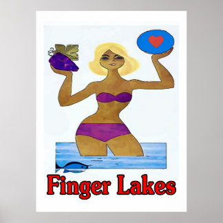 Affiches Finger Lakes, État de New York, vin, eau, poisson,
