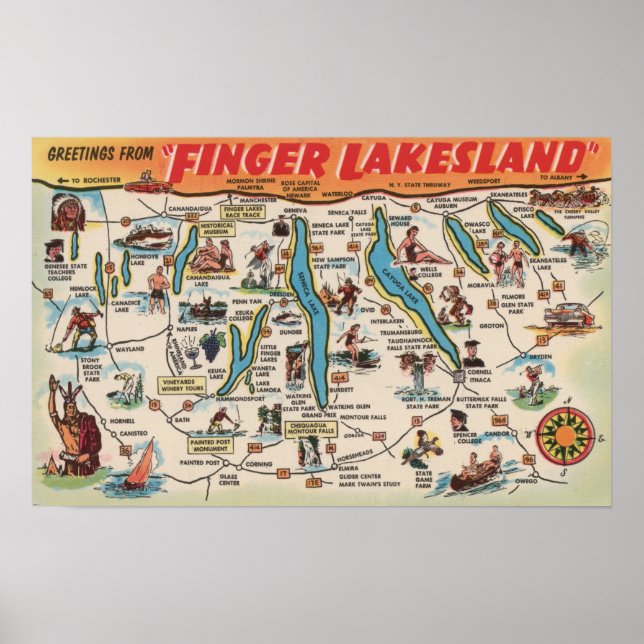 Affiches Fingerlakes, New York - Carte détaillée (Devant)