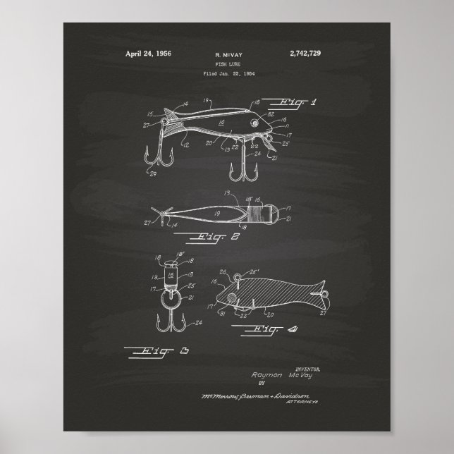 Affiches Fishing Lure 1956 Patent Art Chalkboard (Devant)