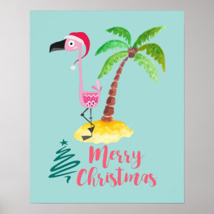 Affiches Flamant rose Rose Dans Un Chapeau De Père Noël Par