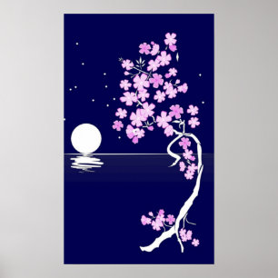 Affiches Fleur de cerisiers (Sakura) la nuit Imprimer
