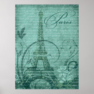 Affiches Fleur de Paris Tour Eiffel 30 x 40 pouces turquois