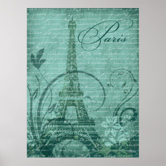 Affiches Fleur de Paris Tour Eiffel 30 x 40 pouces turquois