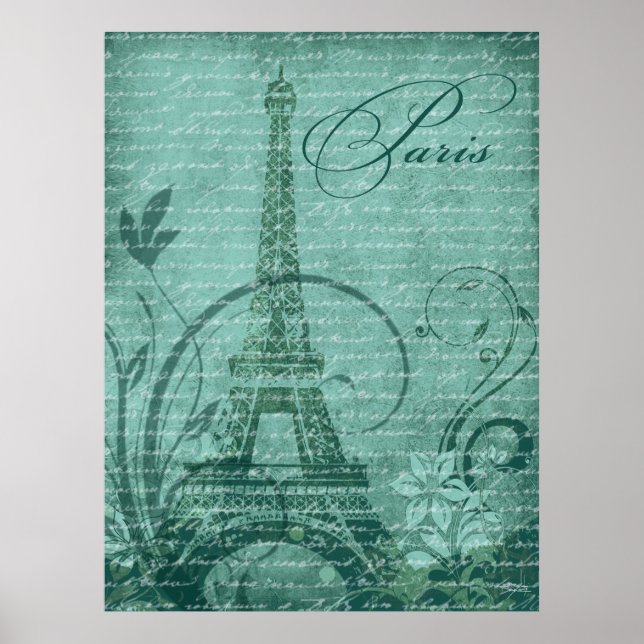 Affiches Fleur de Paris Tour Eiffel 30 x 40 pouces turquois (Devant)
