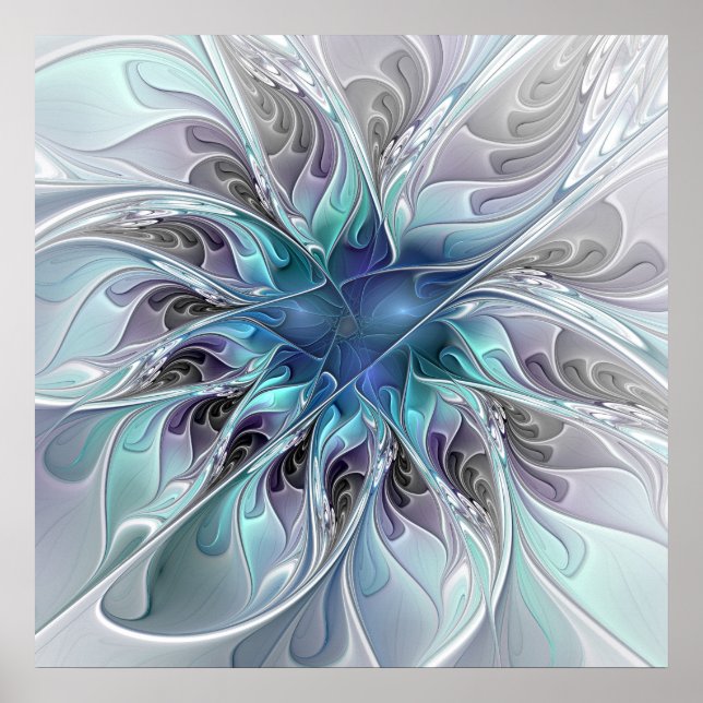 Affiches Fleur fractale moderne abstraite avec du bleu (Devant)
