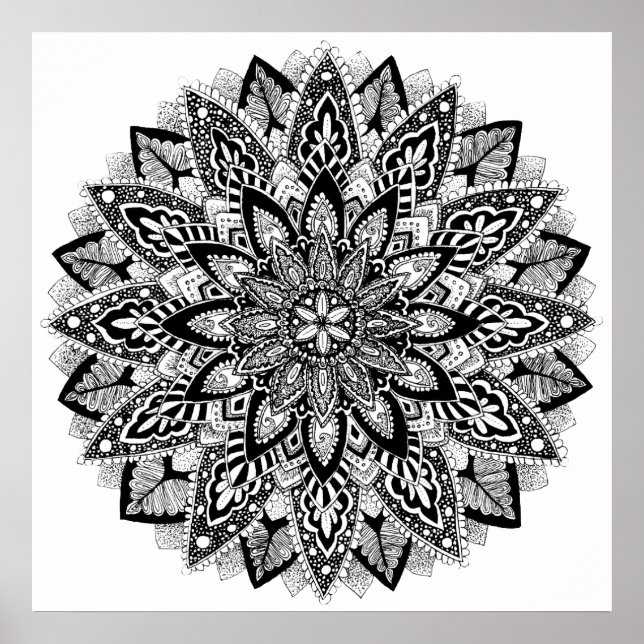 Affiches Fleur Mandala noir et blanc (Devant)