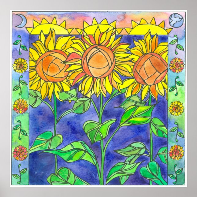 Affiches Fleurs d'aquarelle de tournesol Lune de soleil (Devant)
