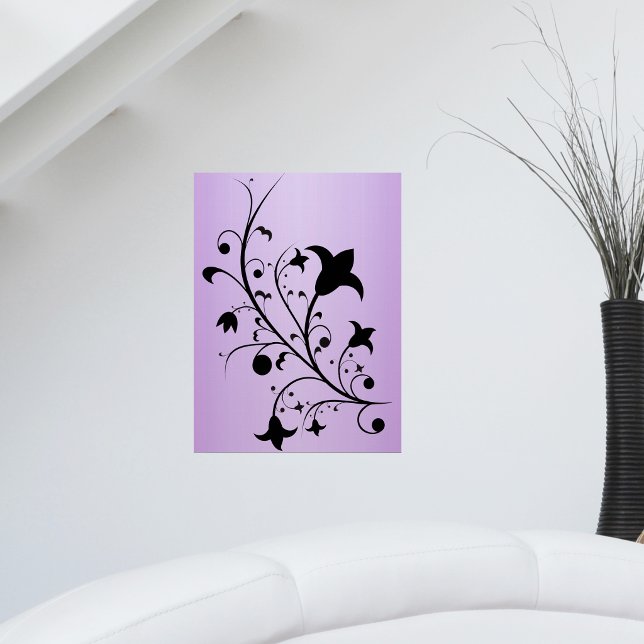 Affiches Fleurs de défilement abstraites Silhouette noire V (Black silhouette abstract flowers on dainty stem on pretty purple art wall poster.)