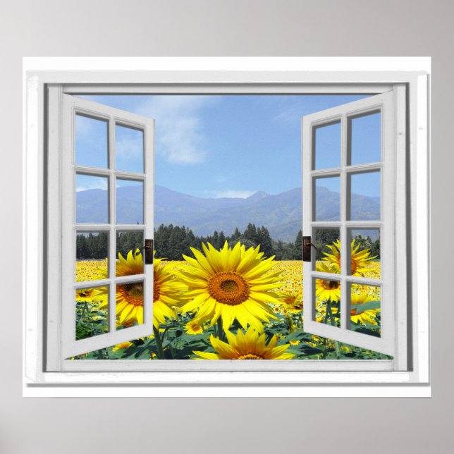 Affiches Fleurs de soleil d'été Jardin Vue Faux Fenêtre (Devant)