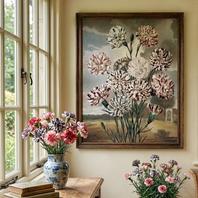 Affiches Fleurs d'œillet panachées vintage avec ciel gris (Vintage illustration botanical design featuring variegated carnations with an antique landscape.)