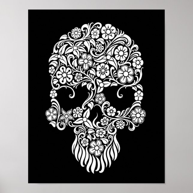 Affiches Fleurs et vignes blanches Design crâne sur noir (Devant)