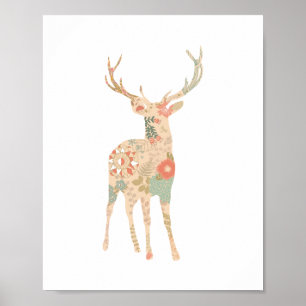 Affiches Fleurs florales de silhouette de cerfs communs