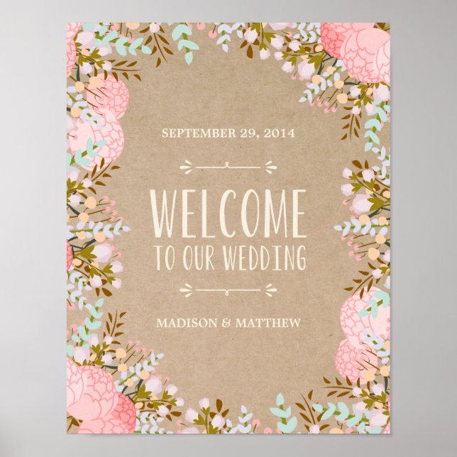 Affiches Fleurs Rustiques | Panneau de Réception de Mariage (Devant)