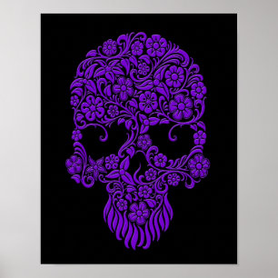 Affiches Fleurs violettes et vignes Design crâne sur noir