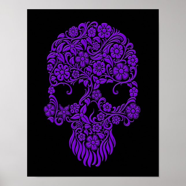 Affiches Fleurs violettes et vignes Design crâne sur noir (Devant)
