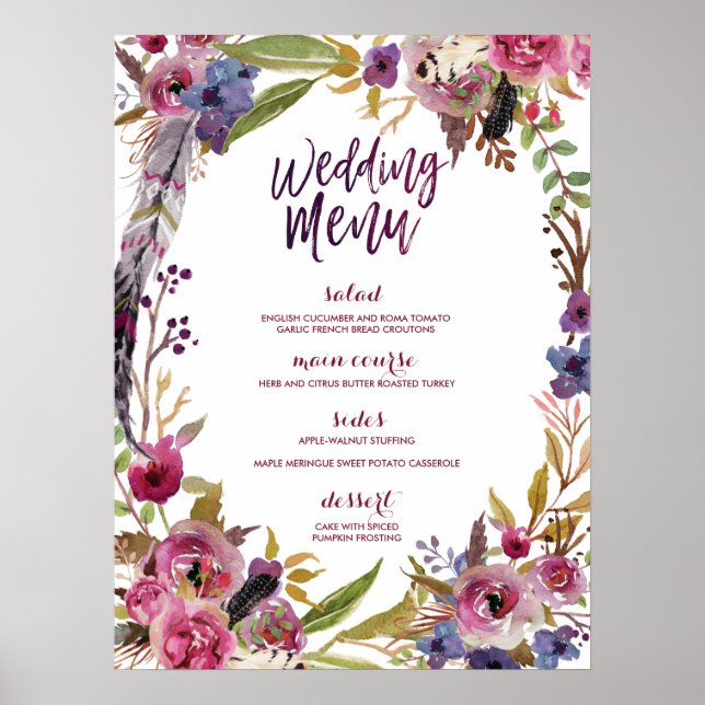 Affiches Floral Boho Watercolor Mariage Menu Sign (Devant)