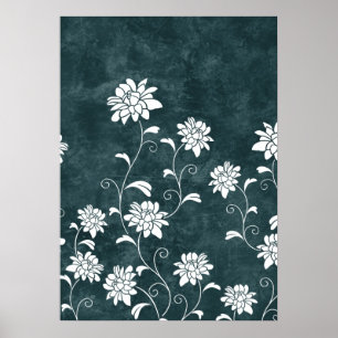 Affiches Floral damassé bleu & blanc fleurs girly chic