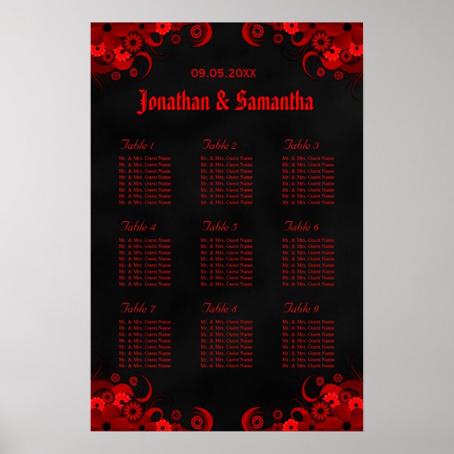 Affiches Floral Noir & Rouge 9 Tables Mariages Cartes de si (Devant)