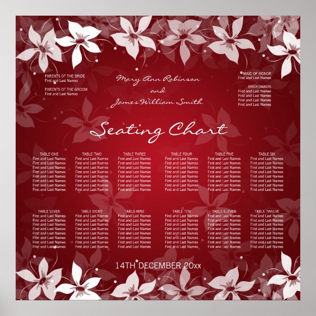 Affiches Floral Wedding Seating Chart Exotic Blooms Red (Devant)