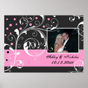 Affiches Flore feuille de défilement noir rose mariage phot